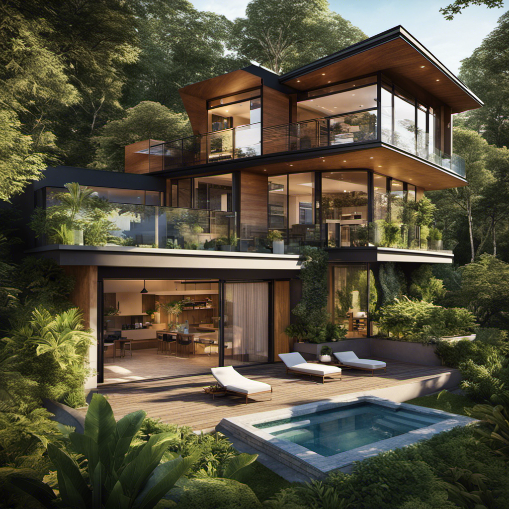 An image showing a south-facing house nestled amidst lush greenery, with large windows capturing abundant natural light