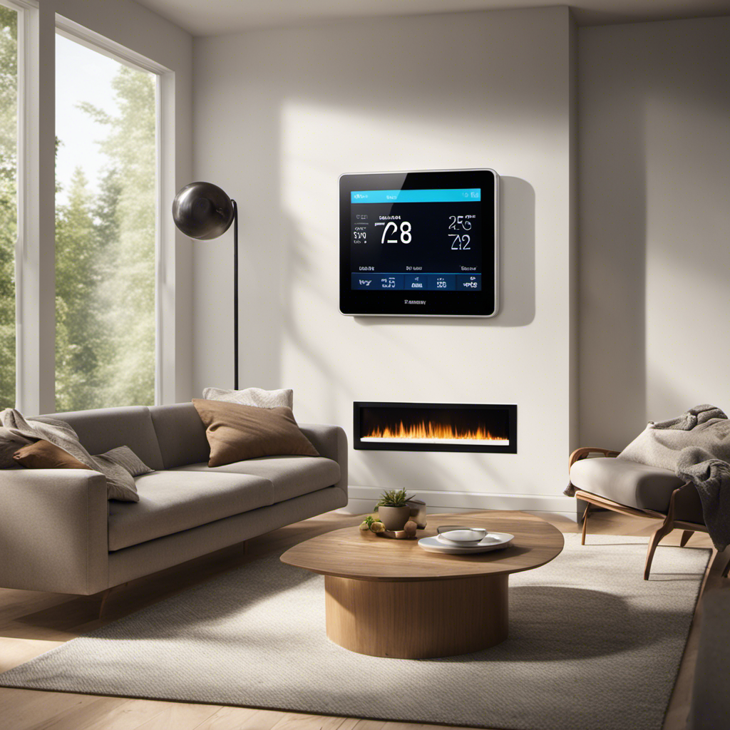 An image showcasing a modern thermostat mounted on a wall, surrounded by a cozy living room