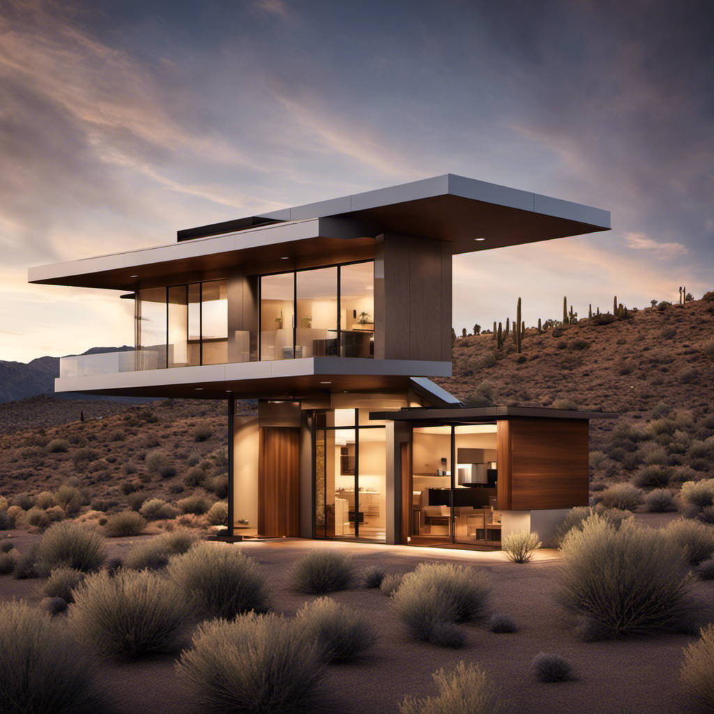An image showcasing a modern, energy-efficient house nestled amidst a breathtaking high desert landscape