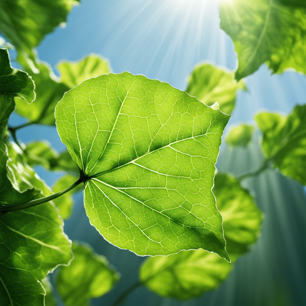 An image depicting a vibrant green leaf bathed in sunlight, capturing the intricate process of photosynthesis