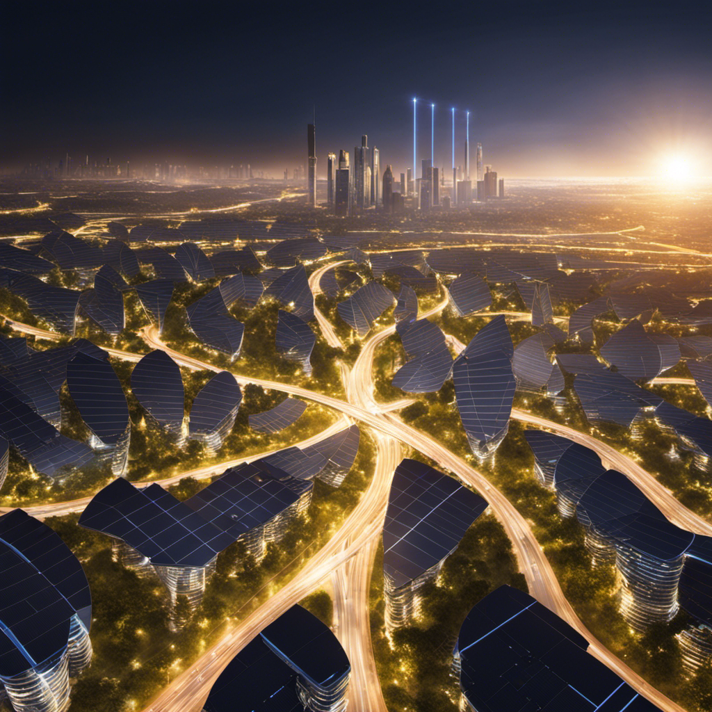 An image that captures the essence of photovoltaic solar energy – rays of sunlight penetrating through solar panels, converting into electricity, illuminating a futuristic cityscape with clean, sustainable power