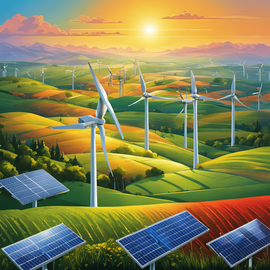 An image showcasing a diverse landscape of wind turbines and solar panels stretching across a bright horizon