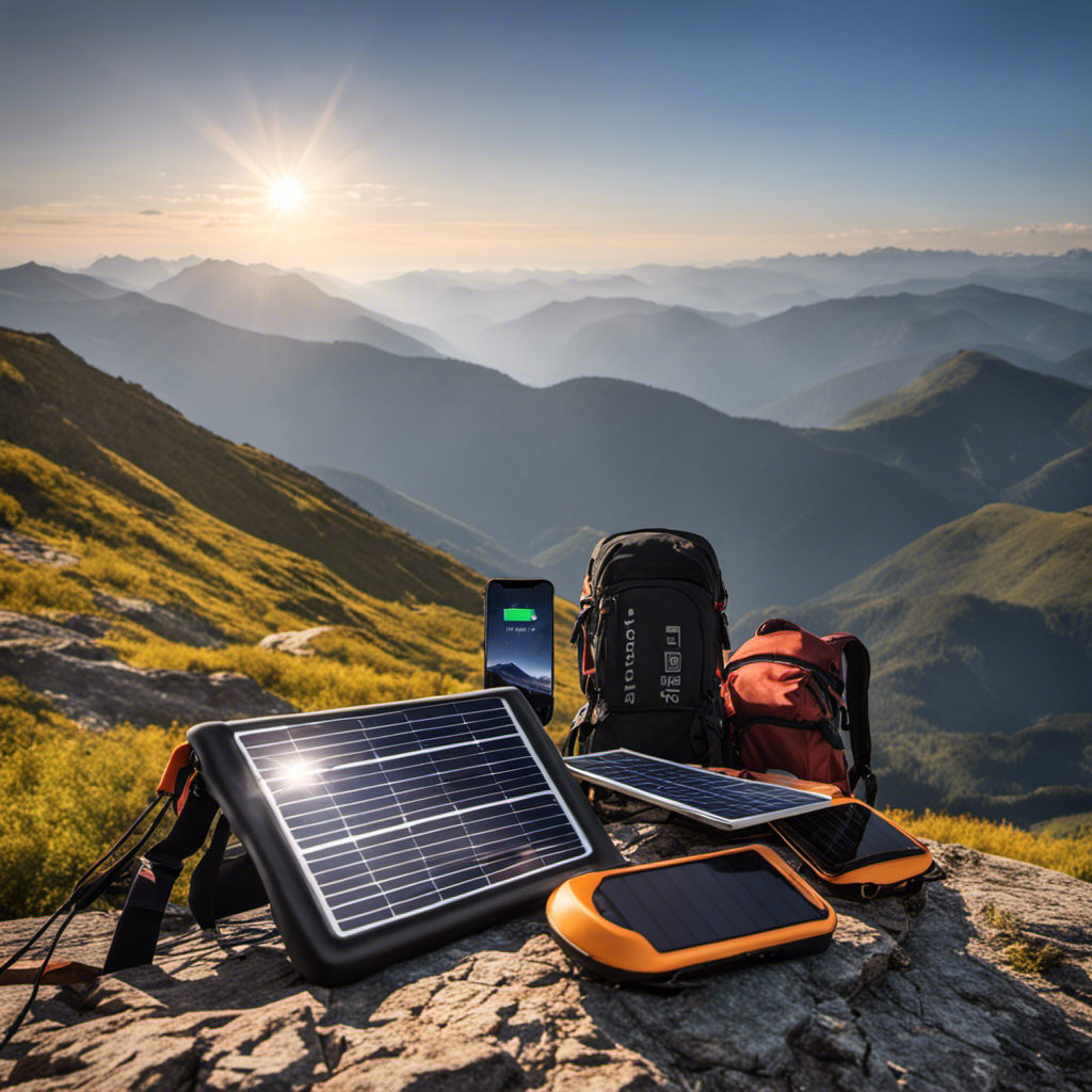 An image that showcases a portable solar charger in action, with a hiker standing on a mountain peak, their backpack open, as the charger captures the sun's rays, providing power to multiple devices