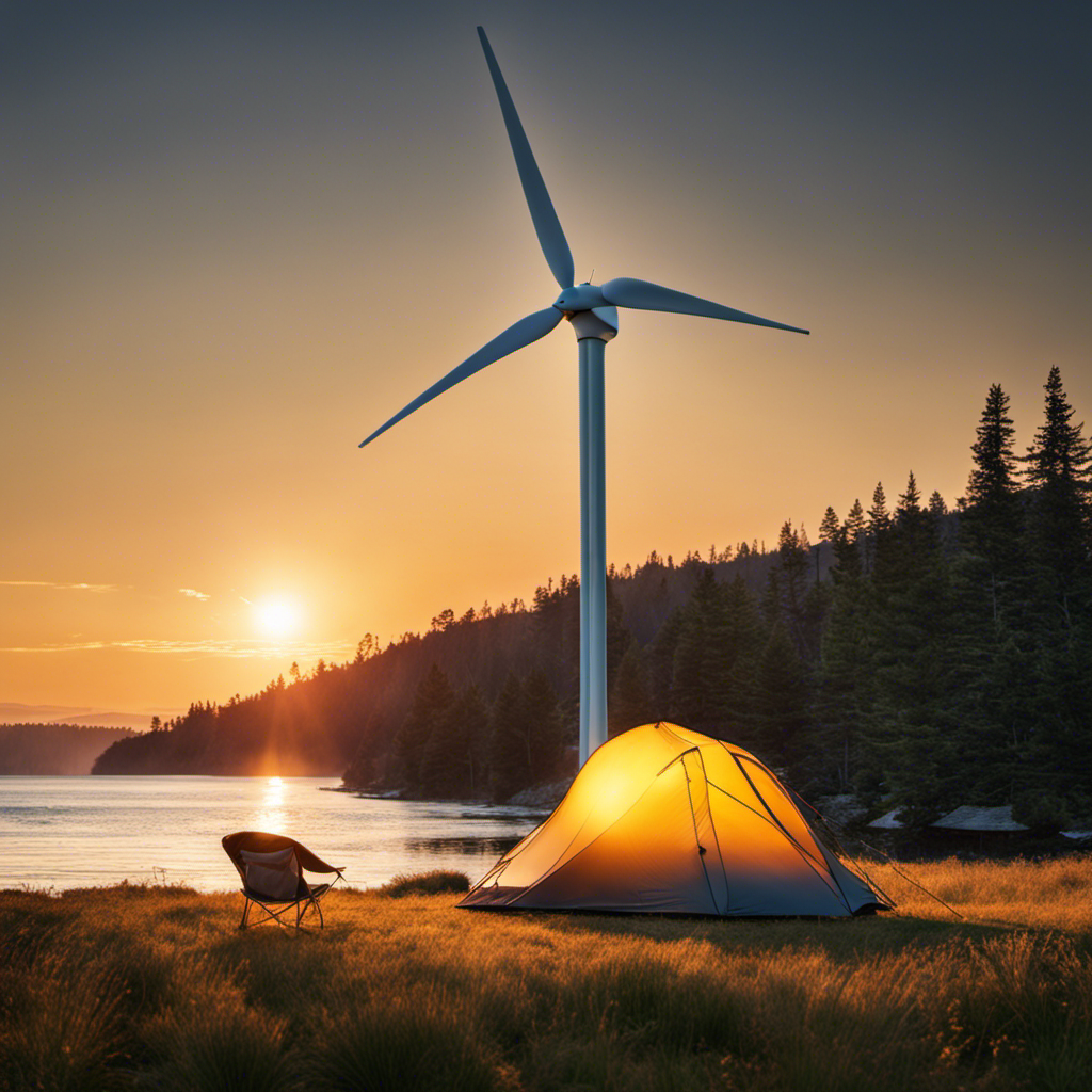 An image showcasing a serene camping scene with a portable wind turbine seamlessly blending into the natural environment