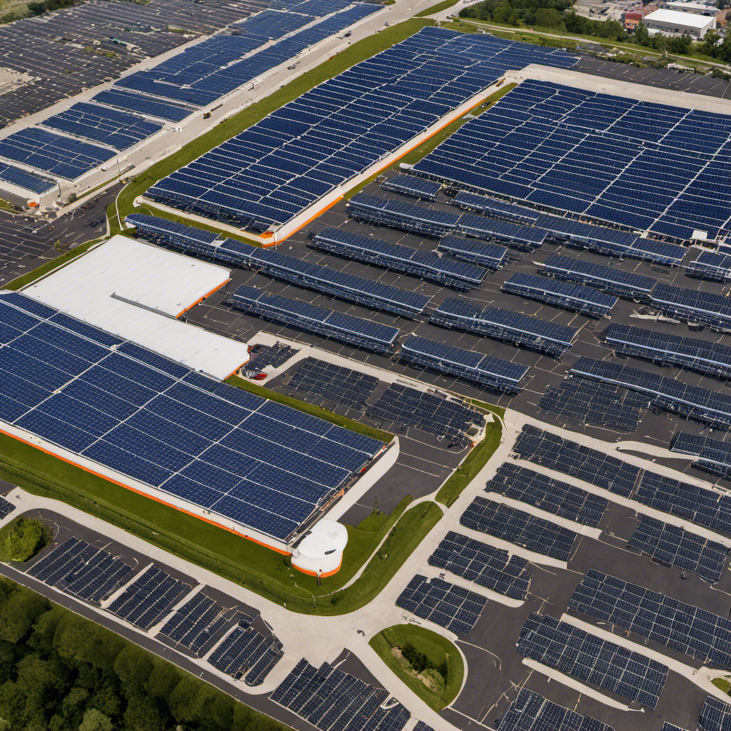 An image capturing a sprawling Walmart parking lot filled with rows of solar panels, emphasizing safety measures such as fire extinguishers, clear pathways, and professional maintenance personnel