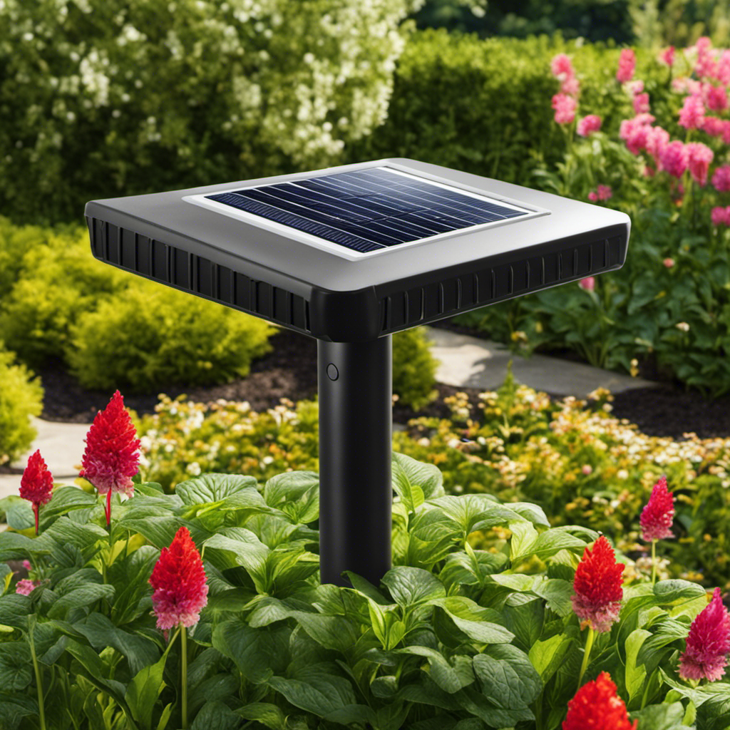 An image showcasing a lush garden surrounded by a solar-powered animal repeller, emitting ultrasonic waves