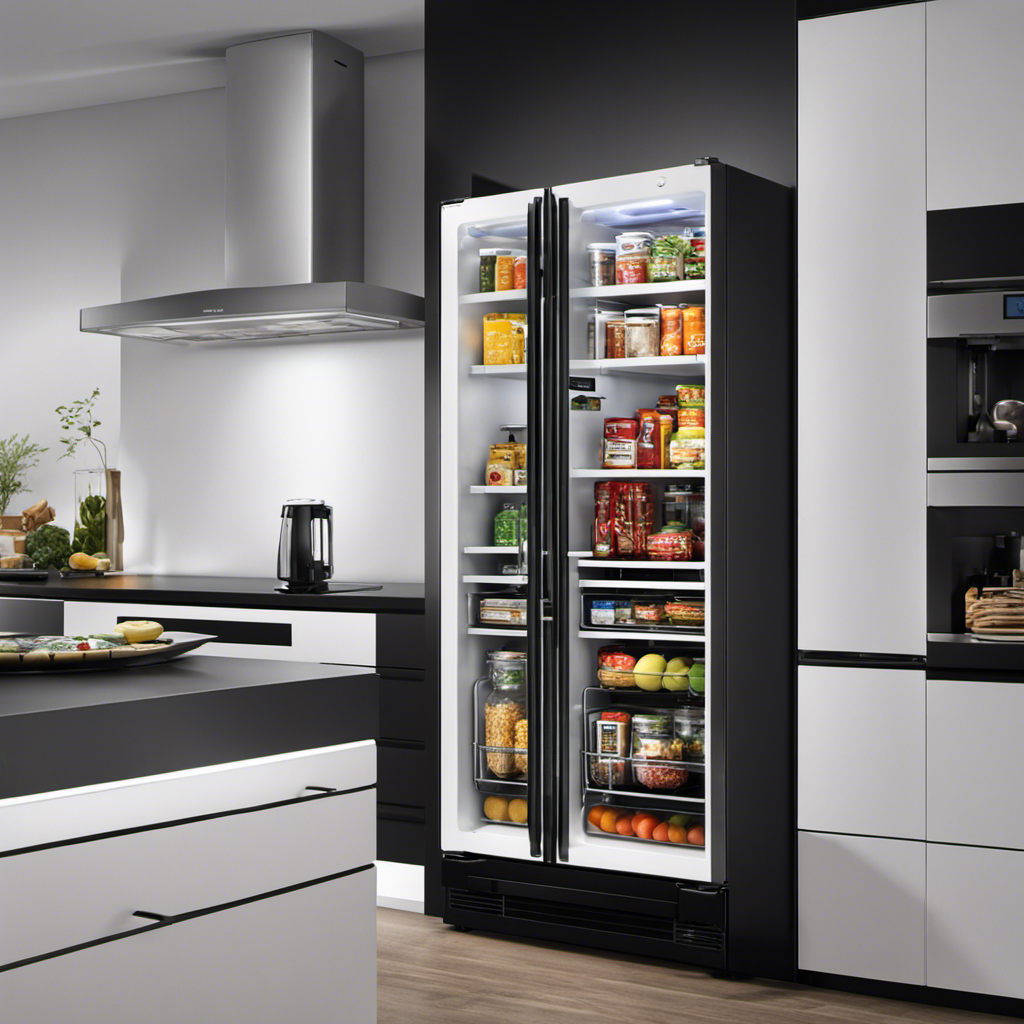 An image that showcases a modern kitchen with an open refrigerator