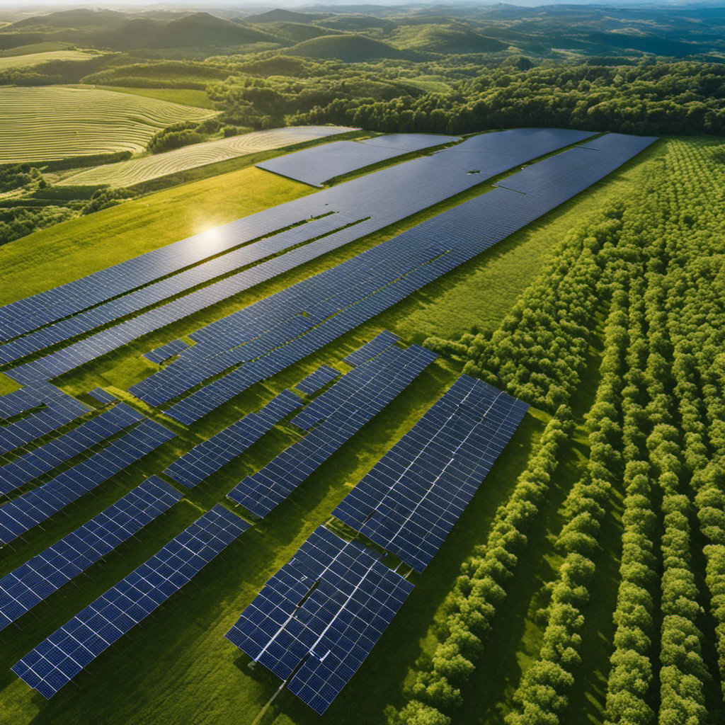 An image capturing a vibrant solar farm, with rows of gleaming photovoltaic panels stretching towards the horizon