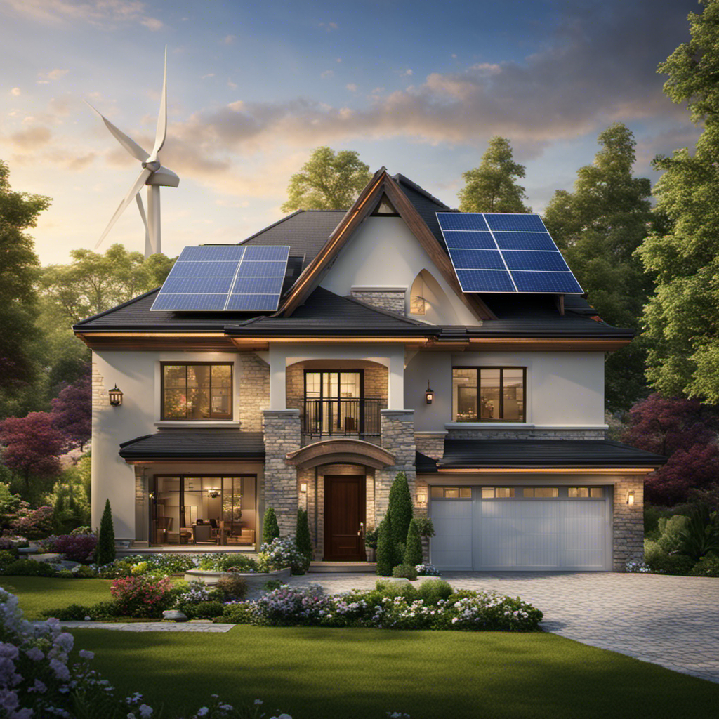 An image showcasing a picturesque suburban home with a sleek, modern roof adorned with solar panels, surrounded by a flourishing garden, while a majestic wind turbine majestically spins in the background, harnessing the power of nature