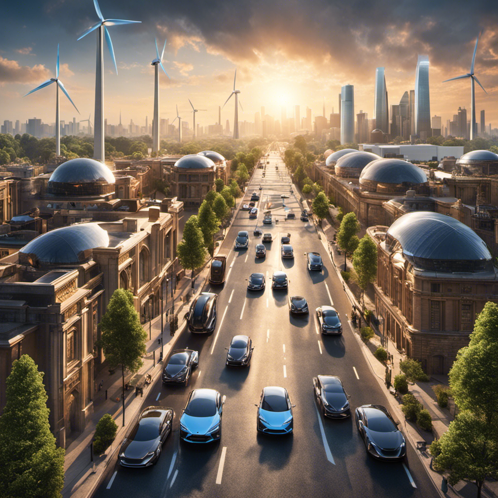 An image showcasing a bustling city street filled with sleek electric cars and hydrogen fuel vehicles gliding silently past iconic landmarks, while wind turbines and solar panels dominate the skyline