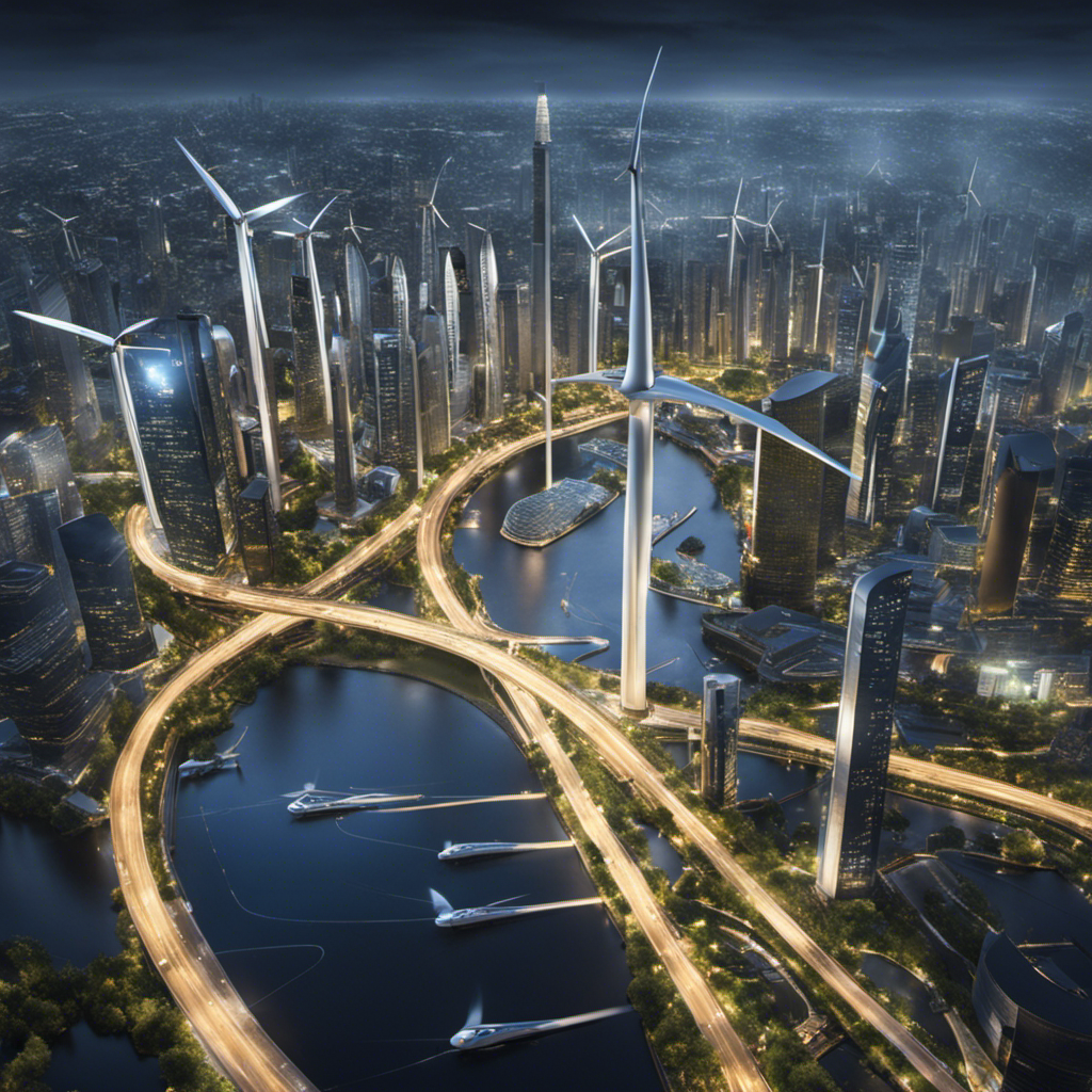 An image that showcases a futuristic cityscape, featuring sleek wind turbines seamlessly integrated into skyscrapers, solar panels covering entire rooftops, and electric vehicles zipping across illuminated streets, depicting a world powered by renewable energy innovations
