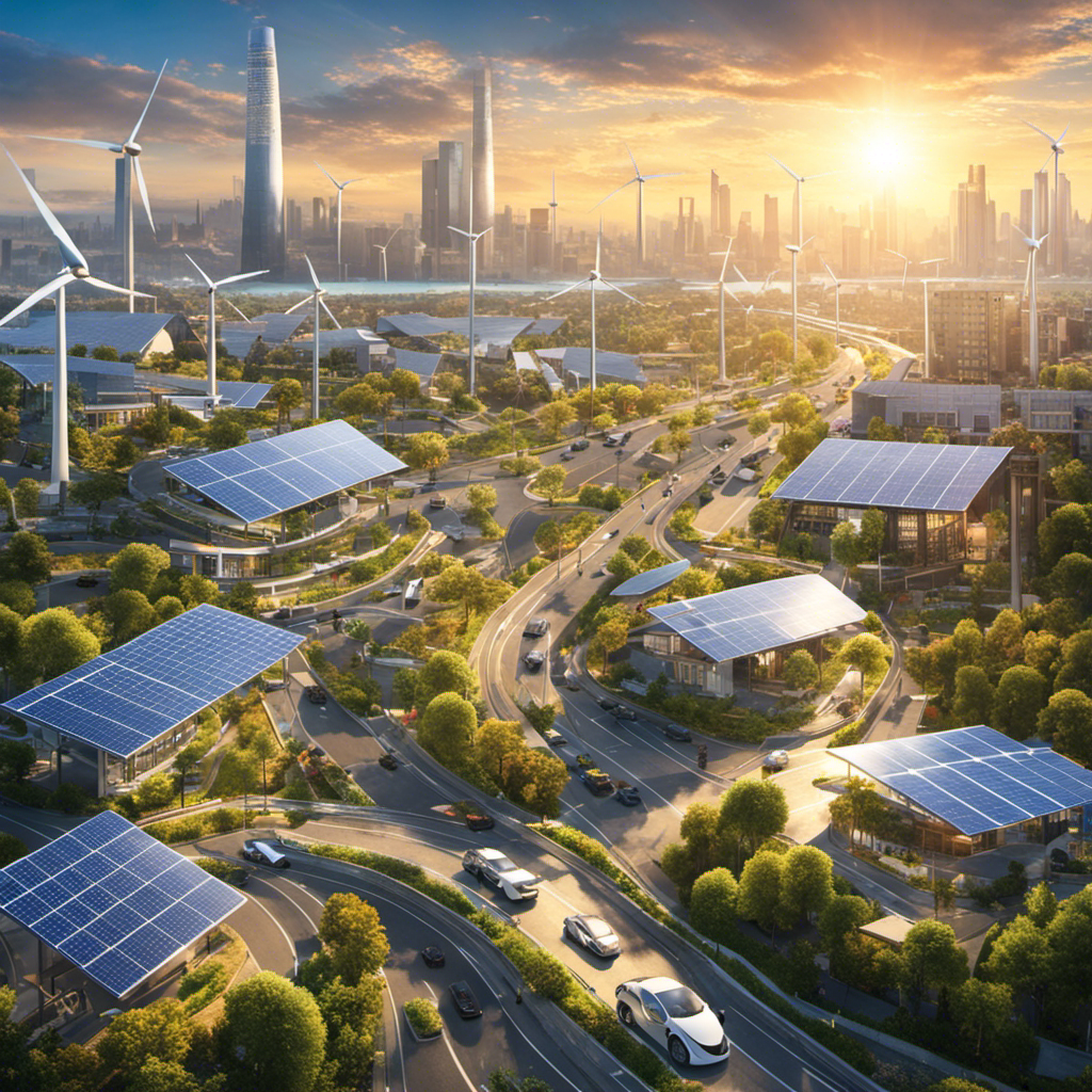 An image depicting a bustling cityscape adorned with solar panels on rooftops, wind turbines in the distance, and electric vehicles on the roads
