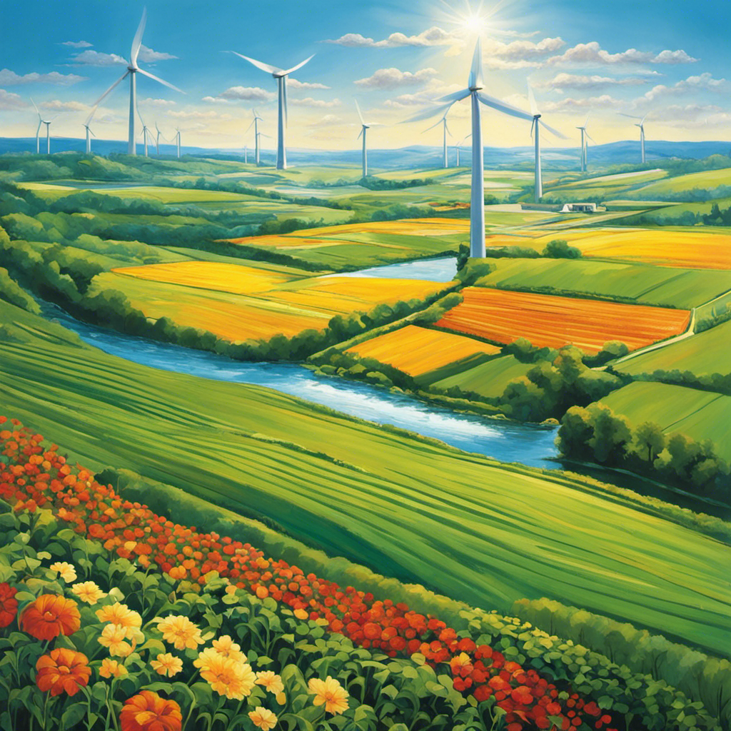 An image that showcases a sun-drenched landscape, dotted with wind turbines towering above fields of vibrant green crops