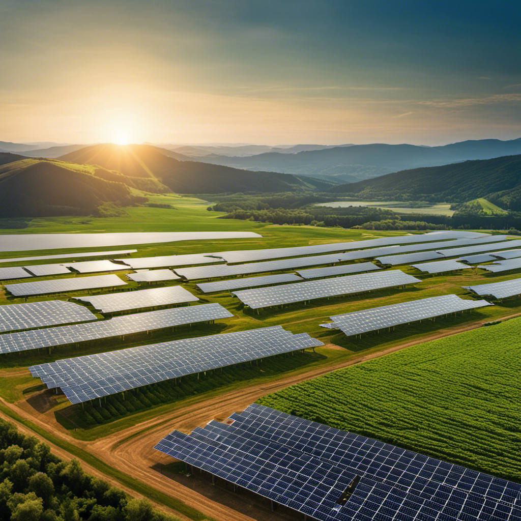 An image showcasing an expansive solar farm, with rows of glistening photovoltaic panels stretching towards the horizon