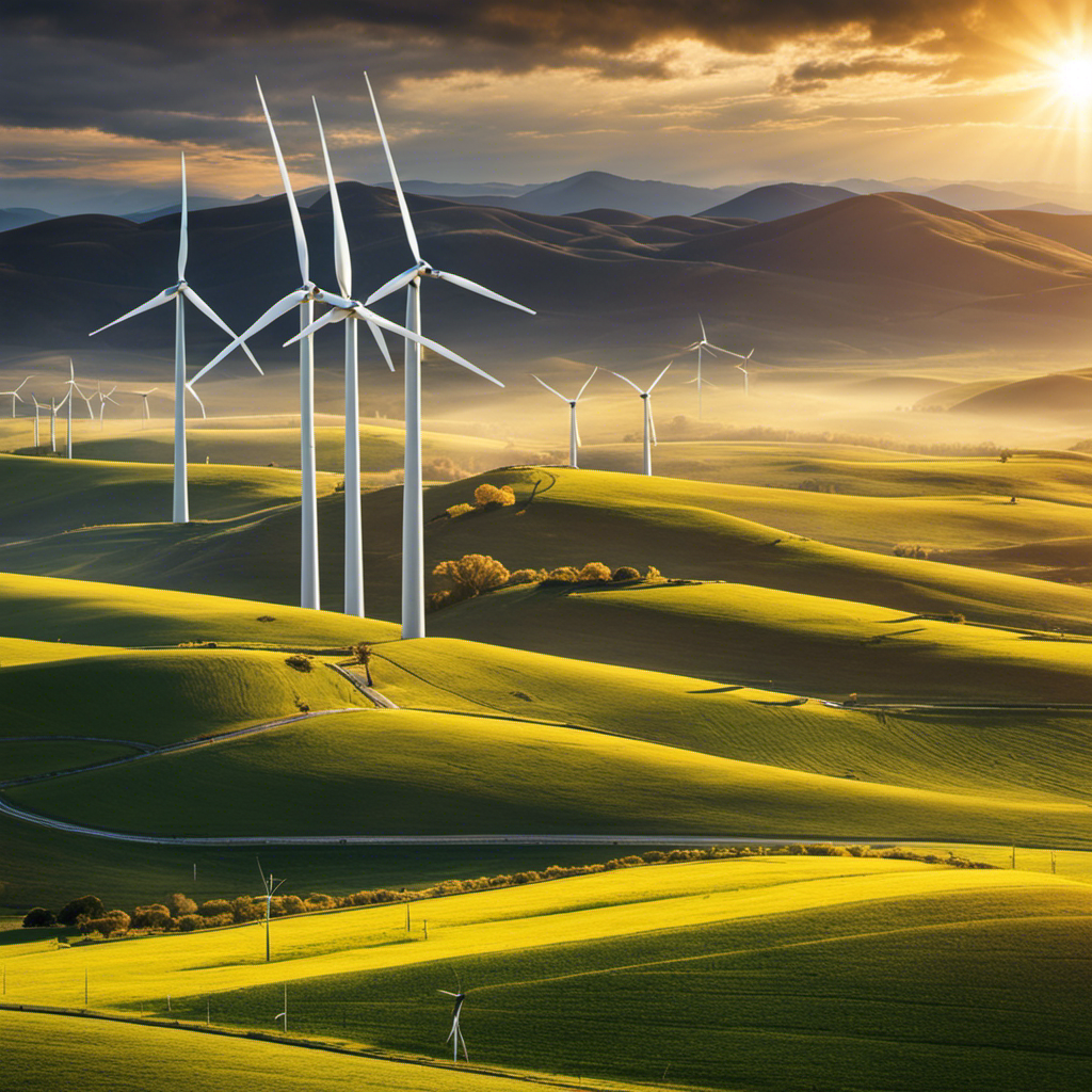 An image showcasing a vast, sun-drenched landscape with gleaming solar panels seamlessly integrated among towering wind turbines, symbolizing the dynamic harmony between wind and solar energy in revolutionizing energy generation