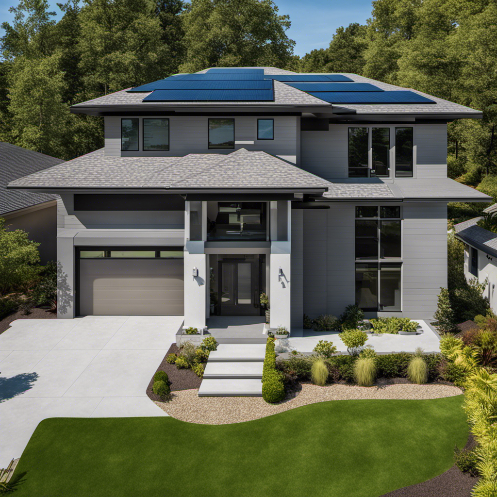An image showcasing a contemporary home with sleek, seamless solar shingles adorning its roof