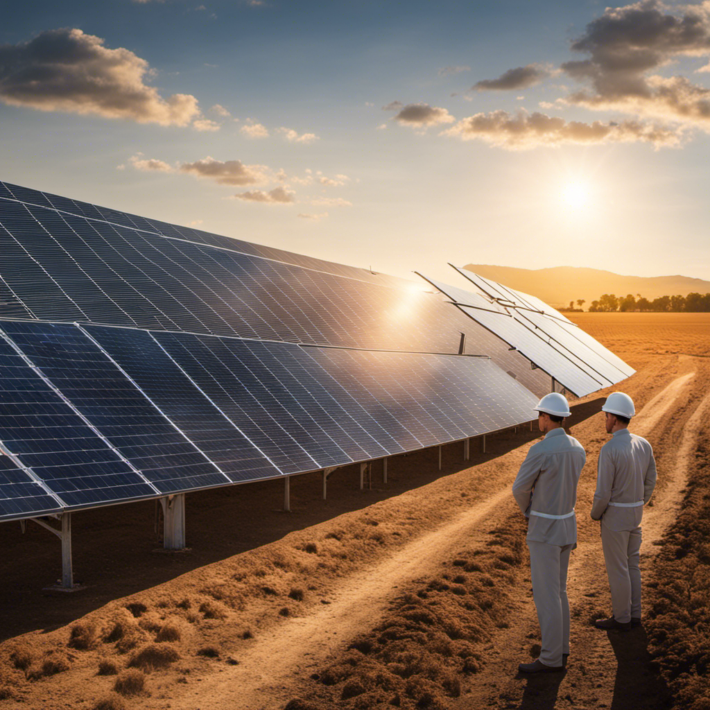 An image of a group of solar energy experts standing in front of a vast solar panel farm, their confident expressions mirrored by the panels' glistening surfaces, symbolizing their pivotal role in shaping a sustainable future
