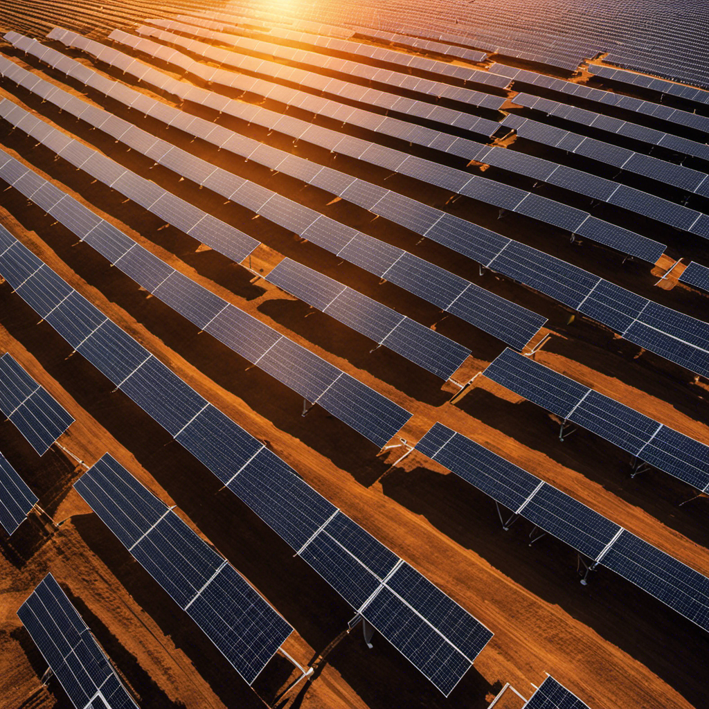 An image showcasing a vast solar farm, with rows of sleek, black solar panels stretching towards the horizon
