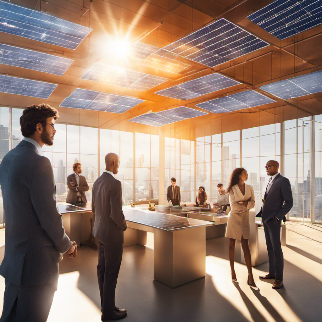 An image that showcases a diverse group of people collaborating in a bright, sunlit room, surrounded by futuristic solar panels and technology, symbolizing the transformative power of solar system funding in shaping a sustainable future