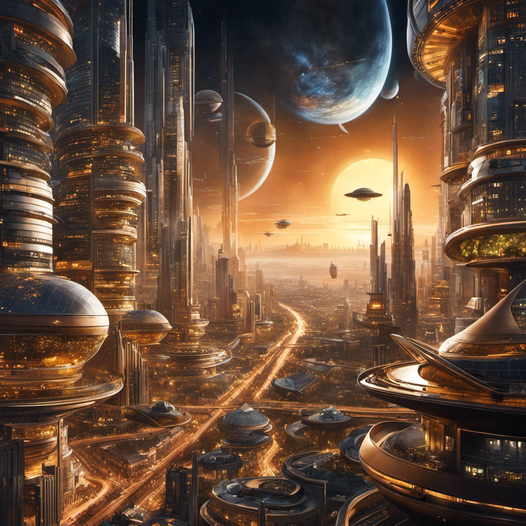 An intricate and futuristic illustration showcasing a bustling cityscape, adorned with solar panels on every building, while hovering spacecrafts transport people and goods, exemplifying the harmonious integration of solar system regulations