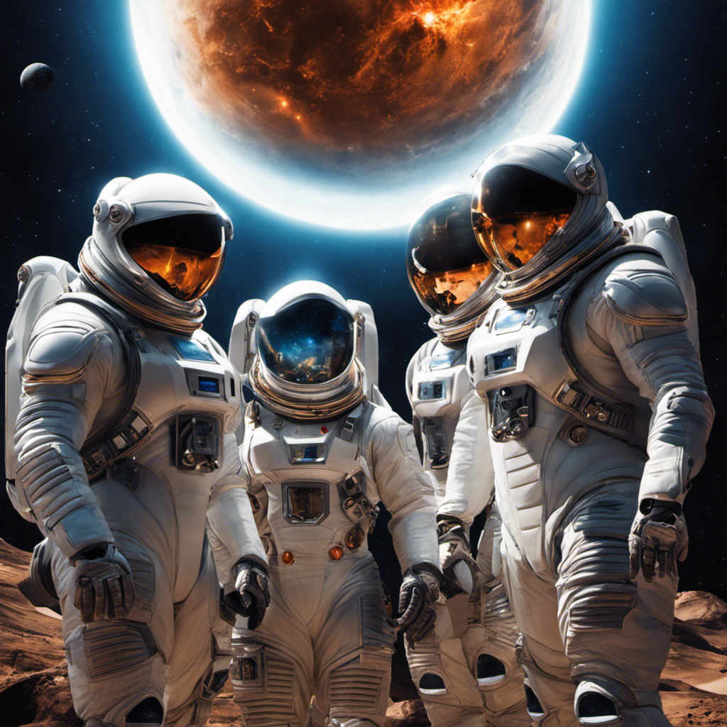 An image showcasing a diverse group of individuals wearing futuristic space suits, engaged in hands-on training with advanced solar-powered technology, surrounded by a simulated extraterrestrial landscape and a backdrop of Earth from space