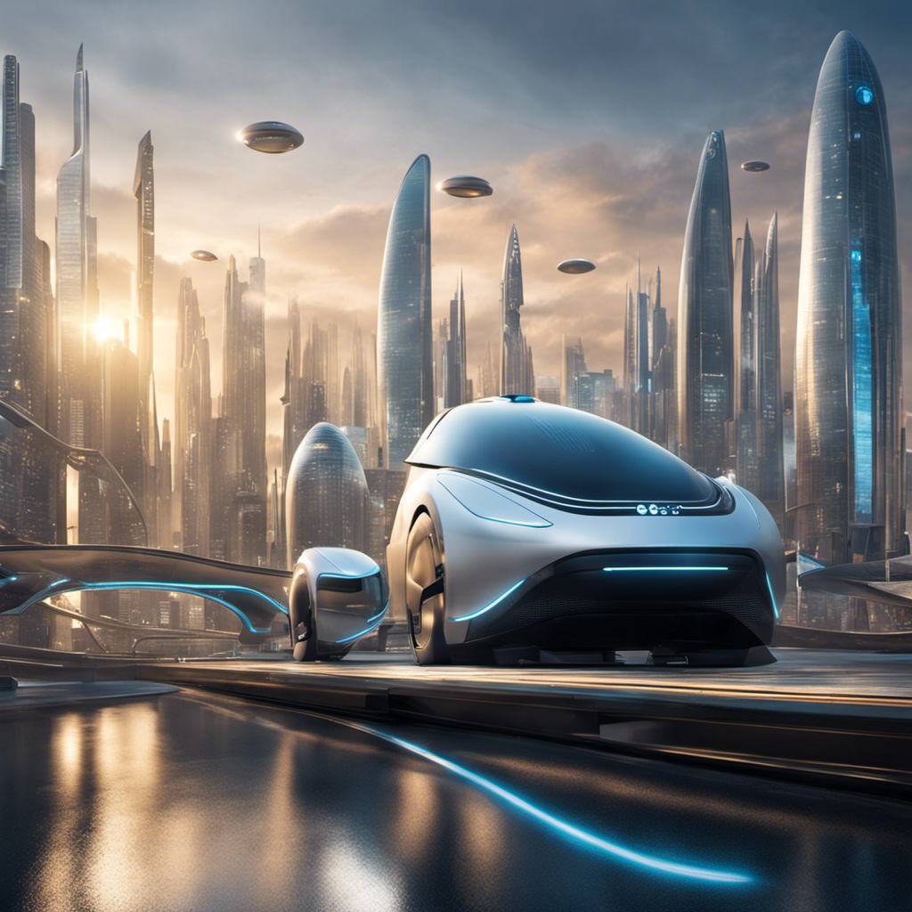 An image depicting a futuristic city skyline with hydrogen-powered vehicles gliding silently along the streets, hydrogen fueling stations integrated seamlessly into the infrastructure, and clean, emissions-free air filling the atmosphere