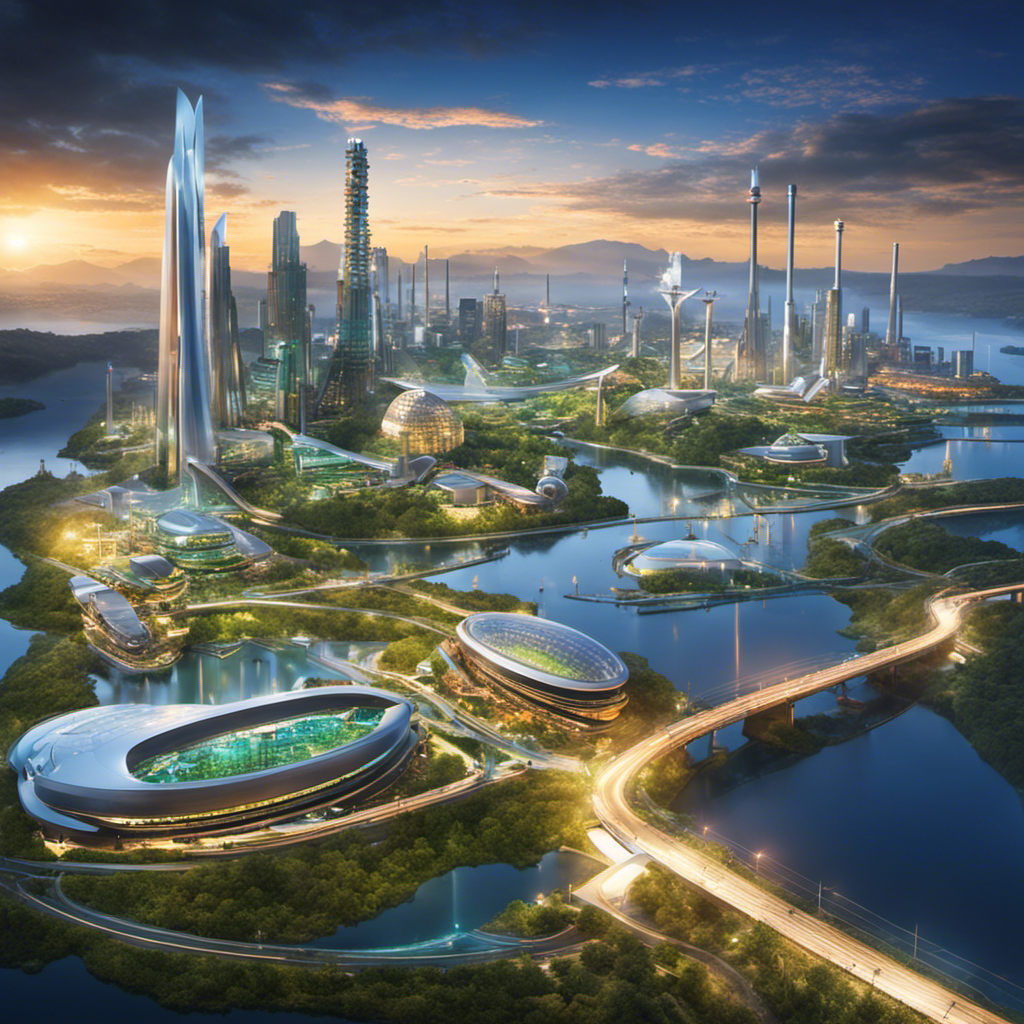 An image showcasing a vibrant, futuristic cityscape with a diverse range of alternative energy sources: geothermal power plants, hydroelectric dams, biomass facilities, tidal turbines, and cutting-edge energy-efficient buildings