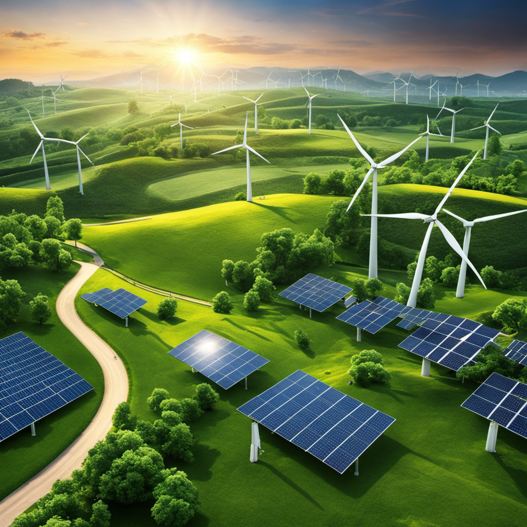 An image showcasing a vibrant green landscape with solar panels and wind turbines harmoniously coexisting, symbolizing the boundless potential of solar and wind energy in revolutionizing our sustainable future