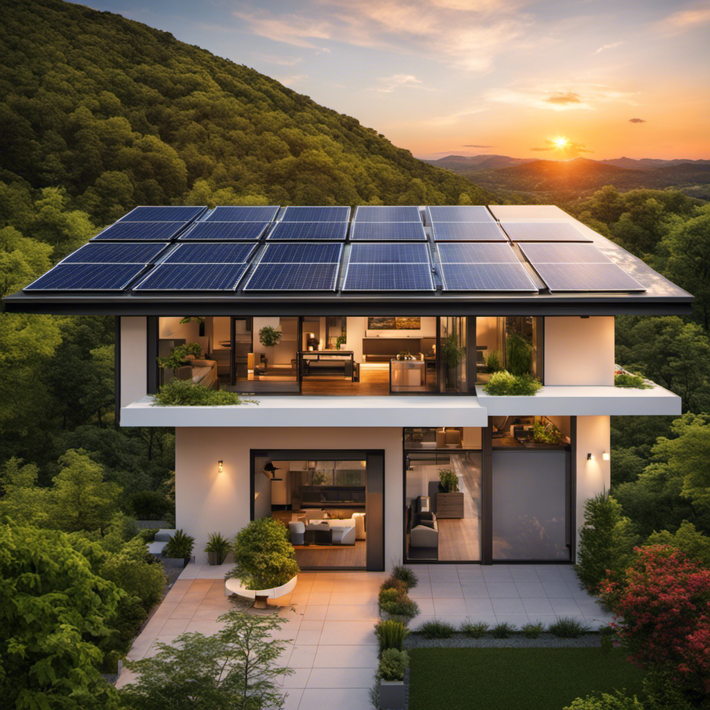 An image showcasing a modern rooftop solar panel installation, surrounded by lush greenery, with wind turbines gracefully spinning in the distance against a vibrant sunset sky, exemplifying the efficient power source for homes