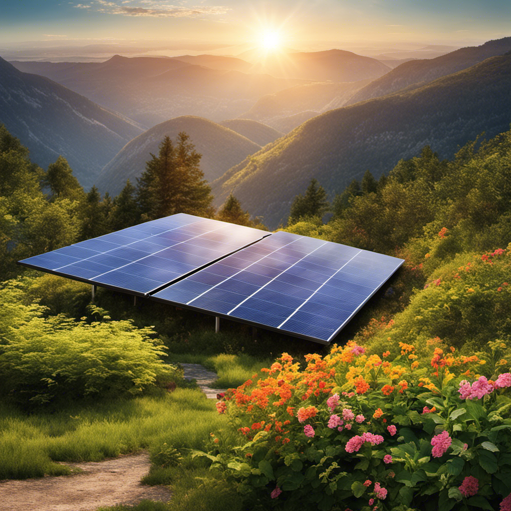 An image showcasing a vibrant, sunlit landscape with a solar panel array absorbing radiant energy from the sun's rays and converting it into clean, electrical energy, demonstrating the process of solar cells in action