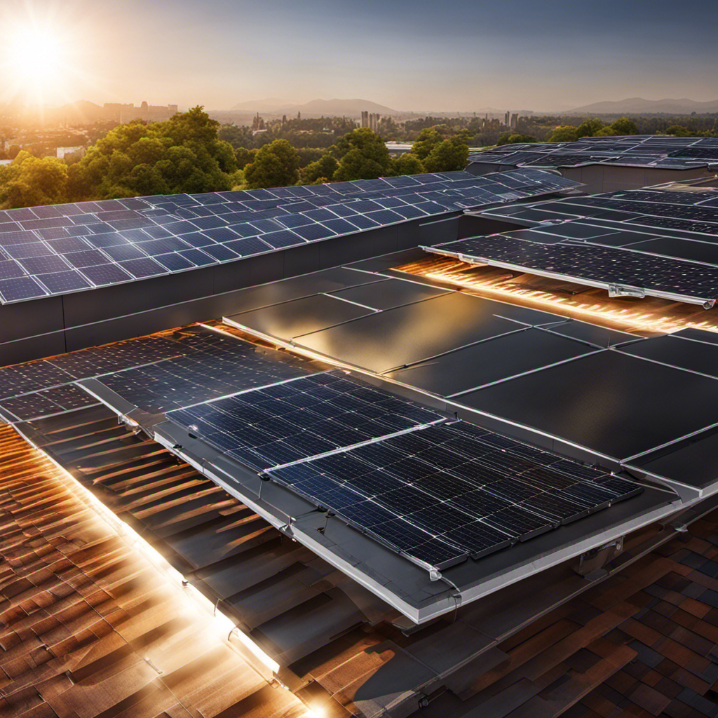 An image showcasing a vibrant sun radiating intense light onto a rooftop covered in solar panels
