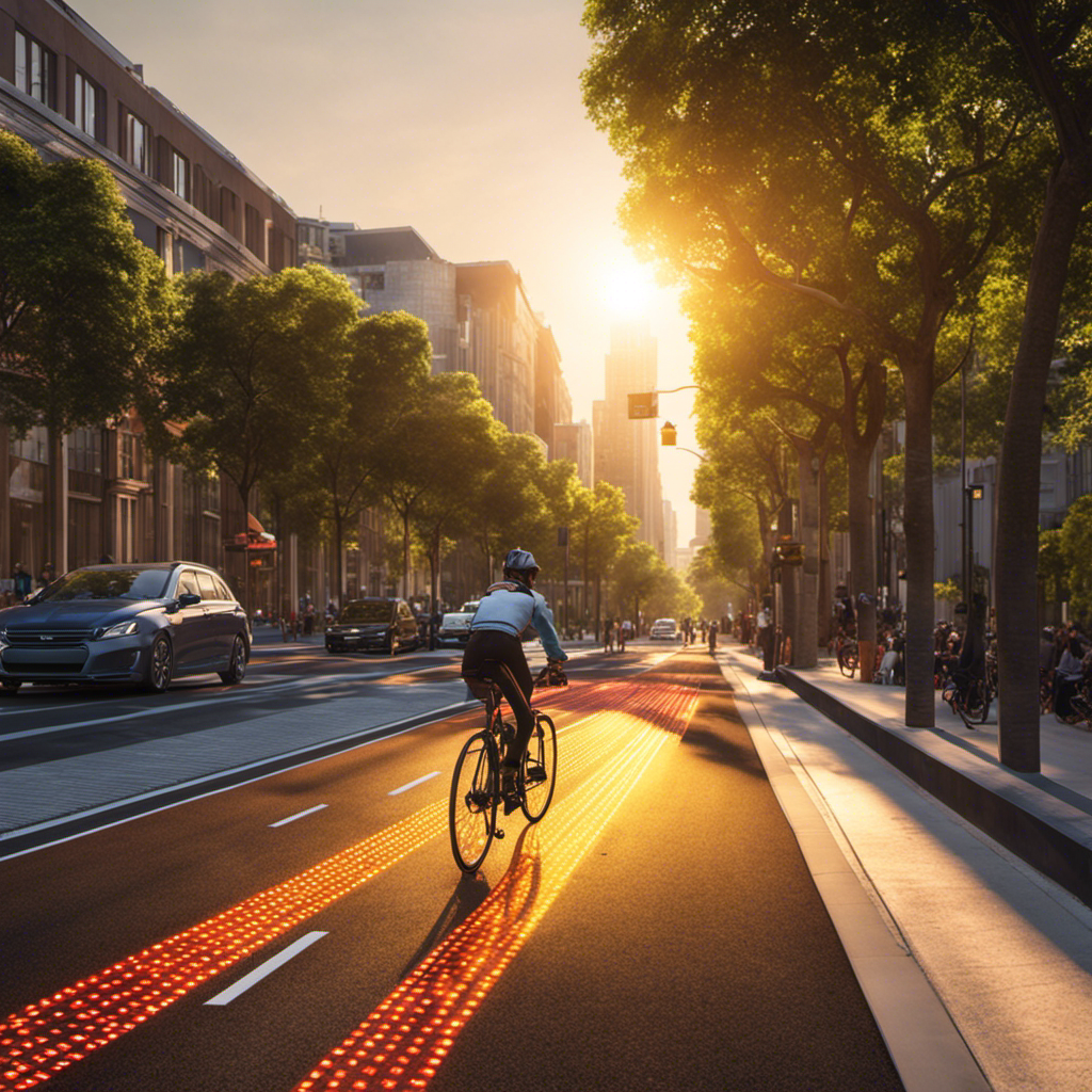 An image showcasing a vibrant bike lane adorned with solar-powered LED lights, casting a warm, eco-friendly glow as cyclists effortlessly glide by under a radiant sun, symbolizing the harmonious integration of solar energy and sustainable transportation