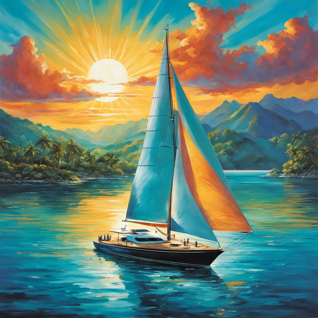 An image of a sleek sailboat gliding effortlessly on sunlit turquoise waters, adorned with solar panels that glisten under the vibrant sky