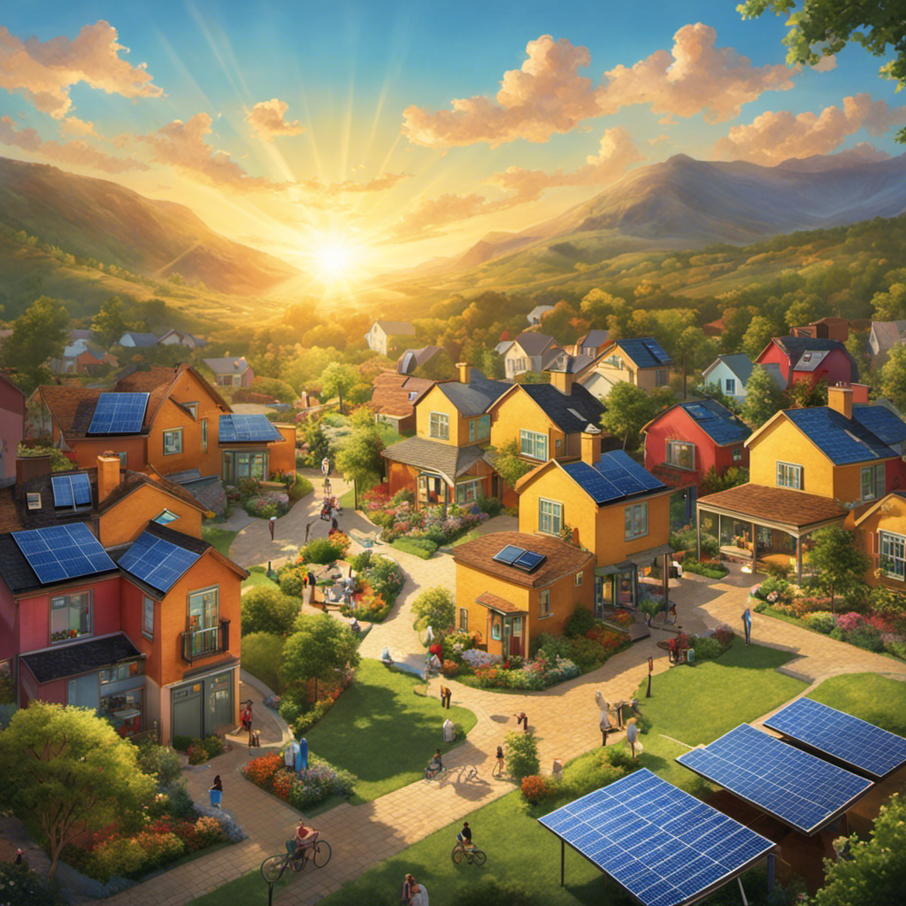 An image showcasing a vibrant, close-knit community surrounded by solar-powered homes, with panels glistening under the sun's rays
