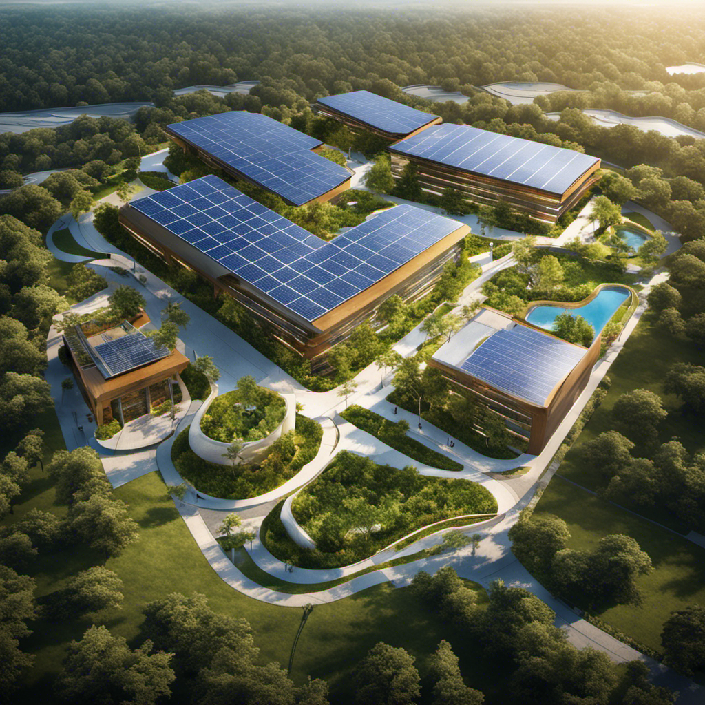 An image showcasing a sprawling corporate campus with sleek solar panels adorning rooftops, casting vibrant rays of sunlight onto a lush landscape