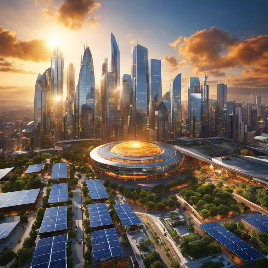 An image that showcases a vibrant city skyline adorned with solar panels on rooftops, reflecting the sun's rays