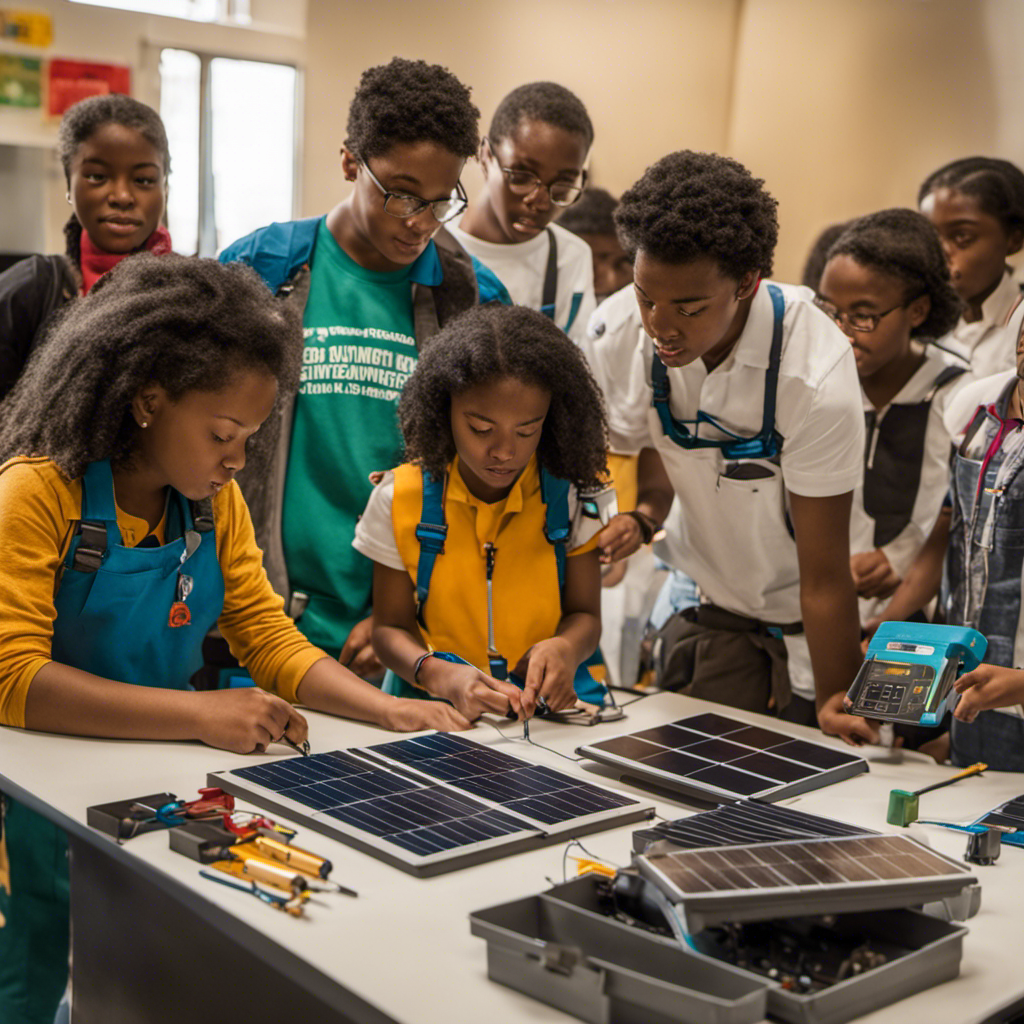An image showcasing a group of diverse students eagerly engaged in a hands-on solar energy workshop, surrounded by solar panels, tools, and educational materials, emanating an atmosphere of curiosity and enthusiasm
