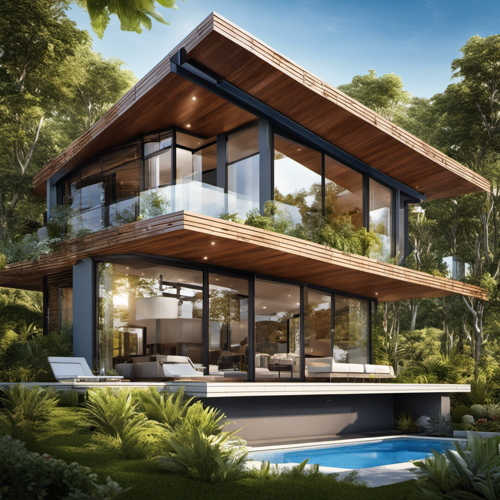 An image showcasing a modern, energy-efficient home with sleek solar panels glistening in the sunlight, surrounded by lush greenery and a clear blue sky, exemplifying the harmonious integration of solar energy and sustainable living