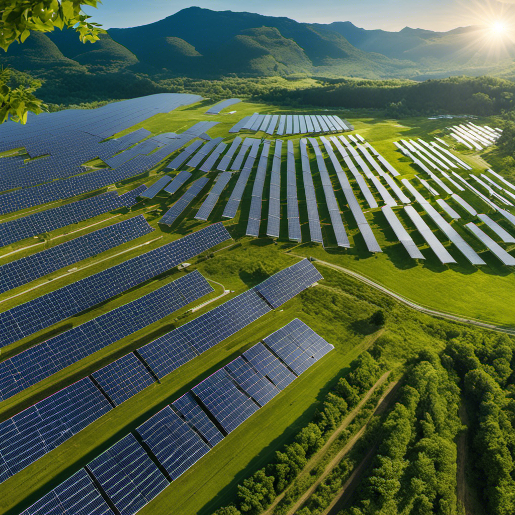 An image showcasing a vast solar farm, with rows of gleaming photovoltaic panels glistening under a clear blue sky, surrounded by lush greenery and diverse wildlife, symbolizing the harmonious coexistence of solar energy and a thriving environment