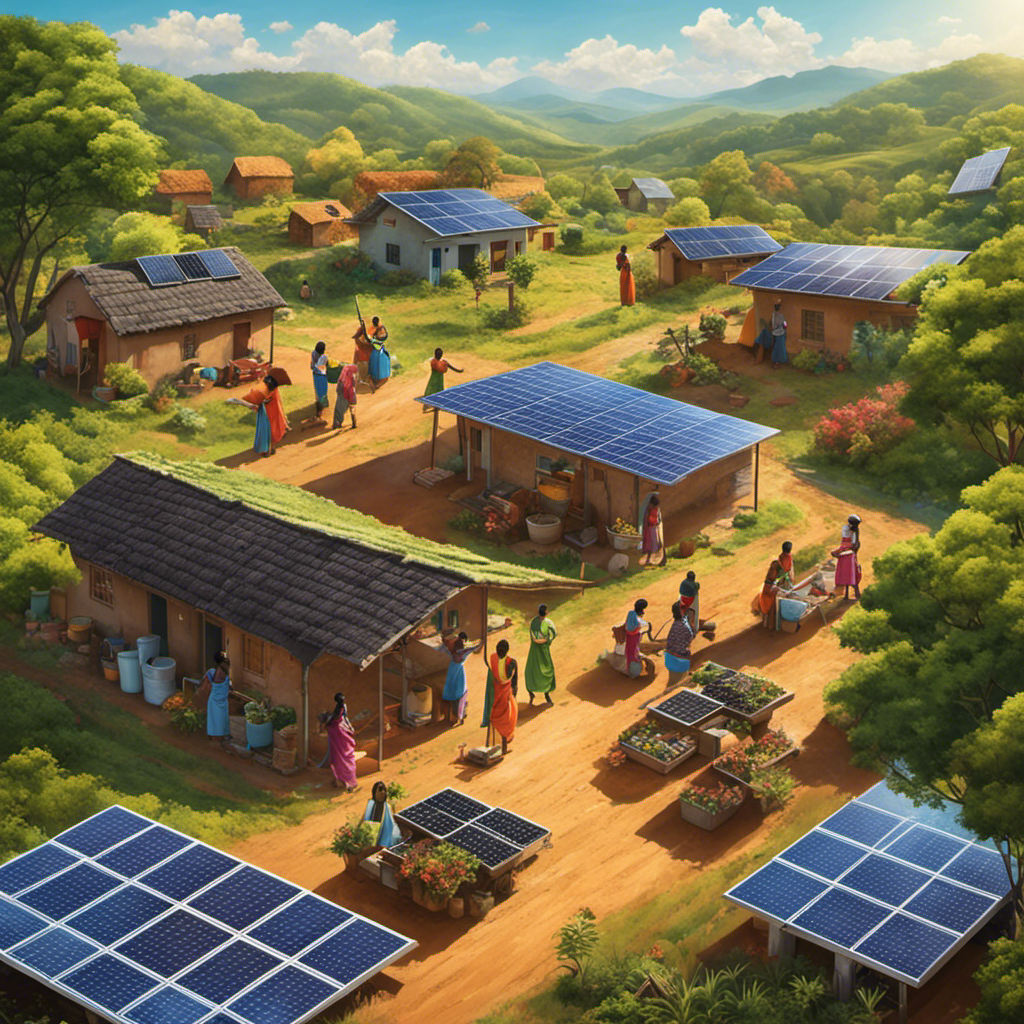An image of a diverse group of women in rural communities, confidently installing solar panels on rooftops, surrounded by lush green landscapes, symbolizing the empowerment and liberation that solar energy brings to women worldwide