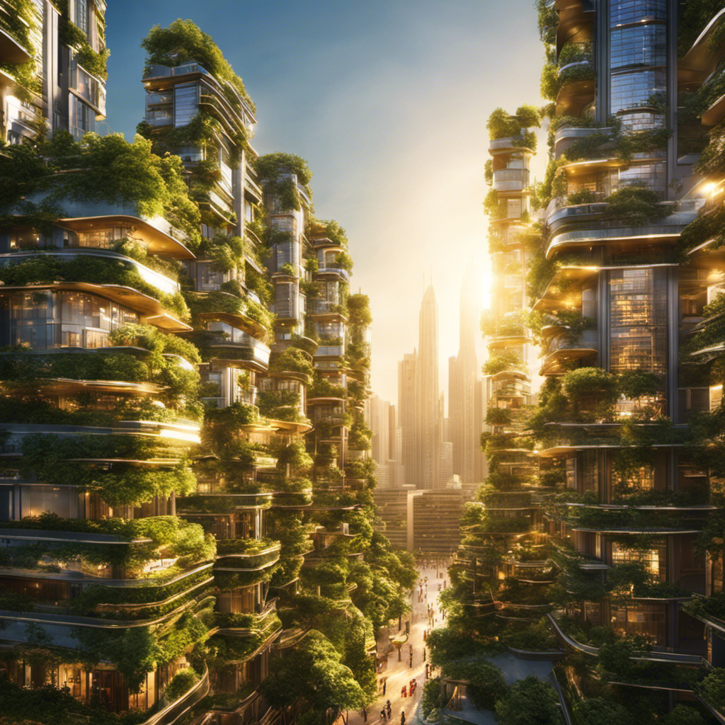An image showcasing a bustling cityscape adorned with abundant solar panels glistening under the golden sunlight