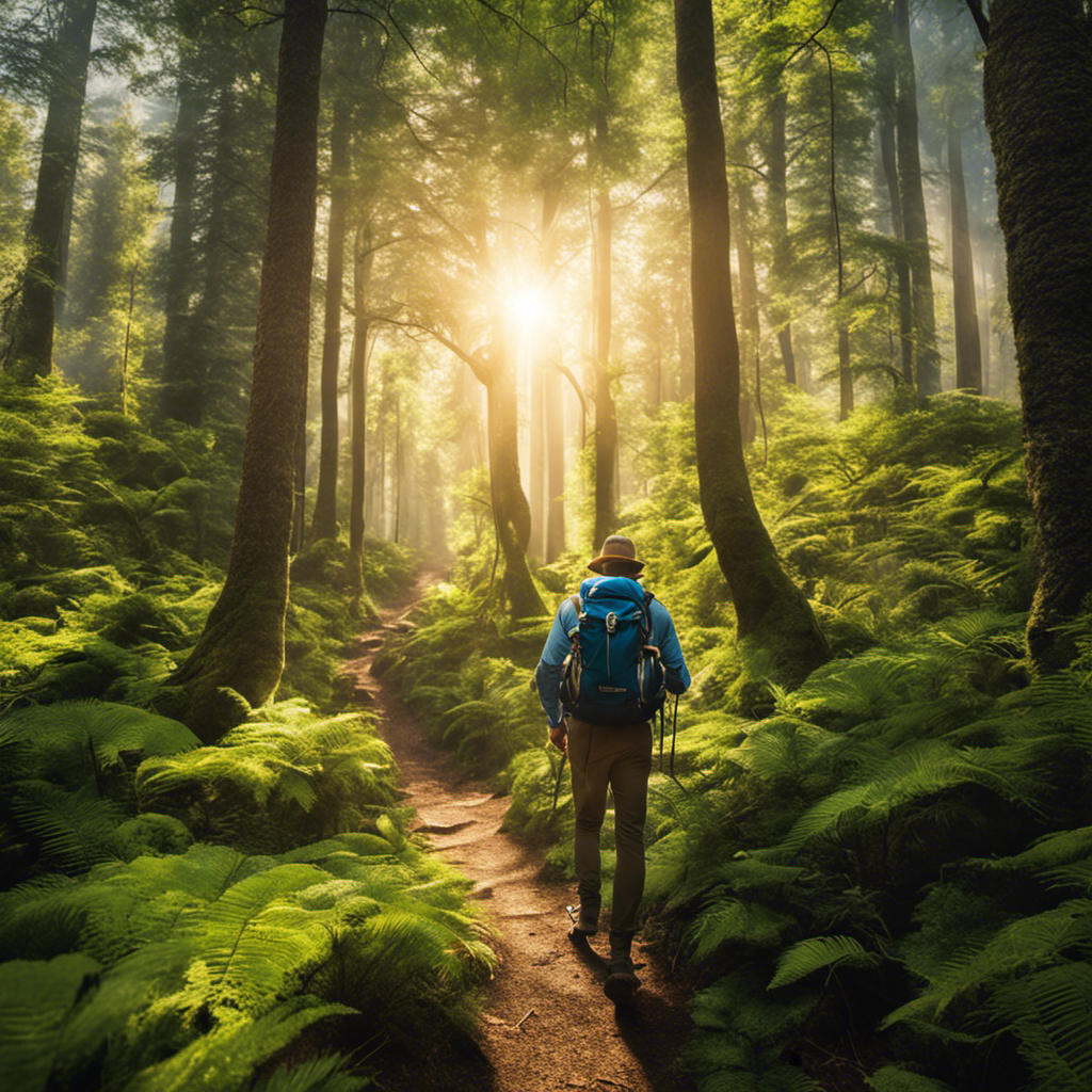 An image showcasing a sunlit hiking trail winding through a dense forest, with a hiker wearing a solar-powered backpack charging their electronic devices, emphasizing the perfect harmony between solar energy and outdoor exploration