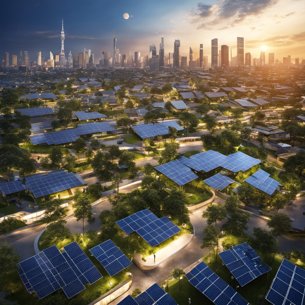 An image showcasing a vibrant city skyline, with solar panels adorning rooftops, effortlessly harnessing the sun's rays