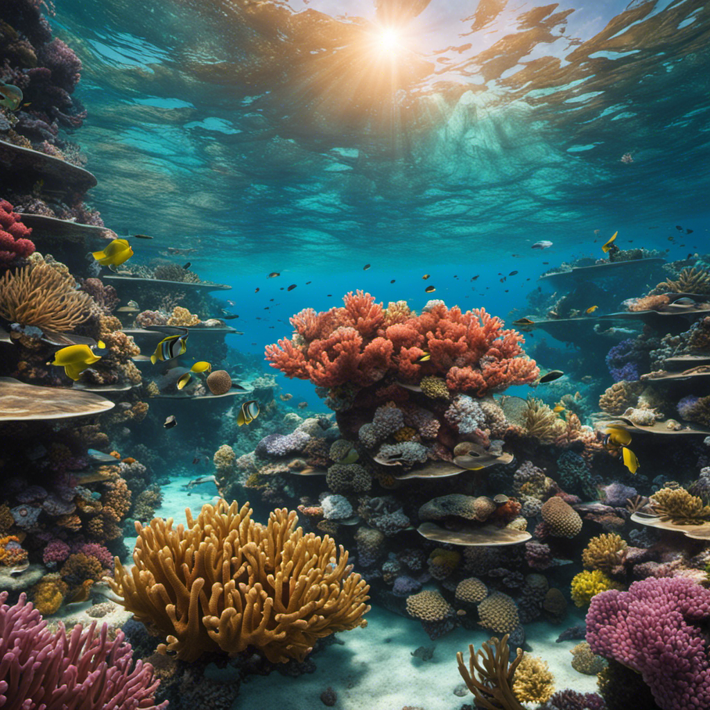 An image showcasing a vibrant coral reef thriving beneath the crystal-clear waters, while a sleek solar panel installation, gleaming in the sunlight, is positioned on a nearby floating platform