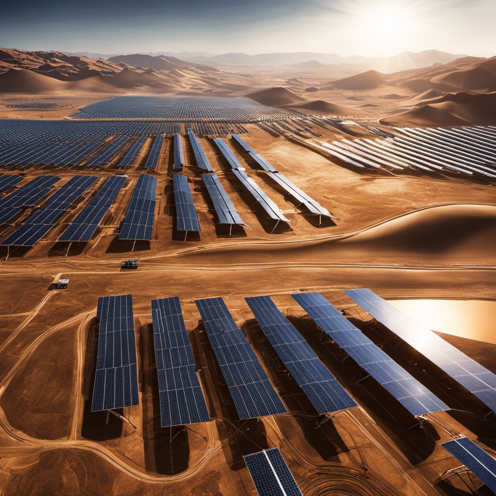 An image depicting a vast solar farm stretching across a desert landscape, its gleaming panels reflecting the brilliant sunlight