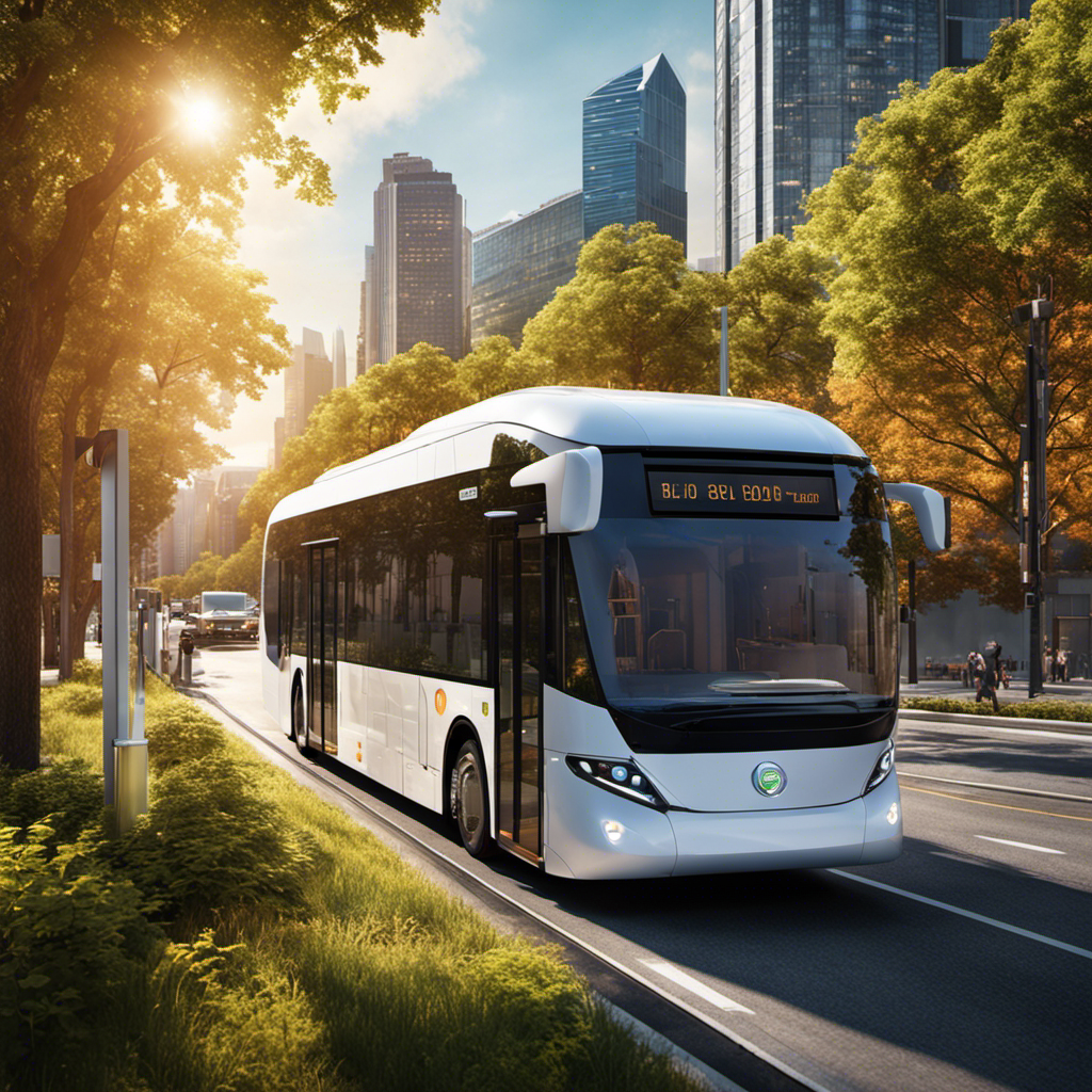 An image showcasing a bustling cityscape with a sleek, modern electric bus gliding along a tree-lined road