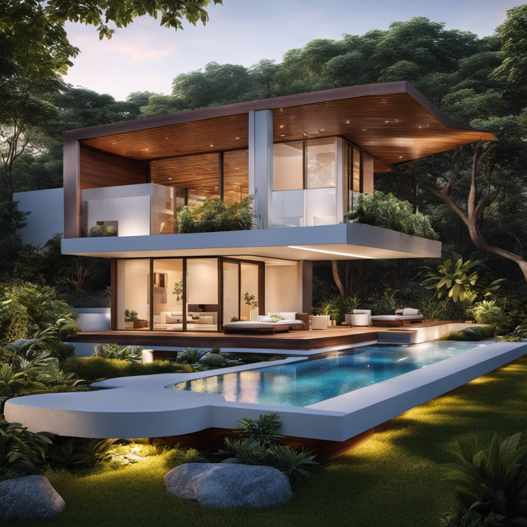An image showcasing a sleek, modern home nestled amidst lush greenery, its roof adorned with solar panels glistening under the radiant sun, effortlessly blending sustainable architecture with the power of solar energy
