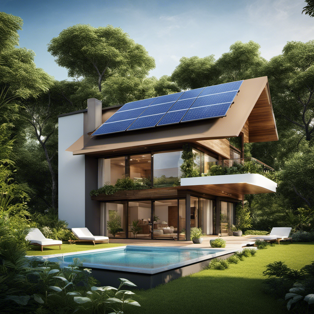 An image showcasing a modern, eco-friendly house with sleek solar panels integrated into its design, surrounded by lush greenery