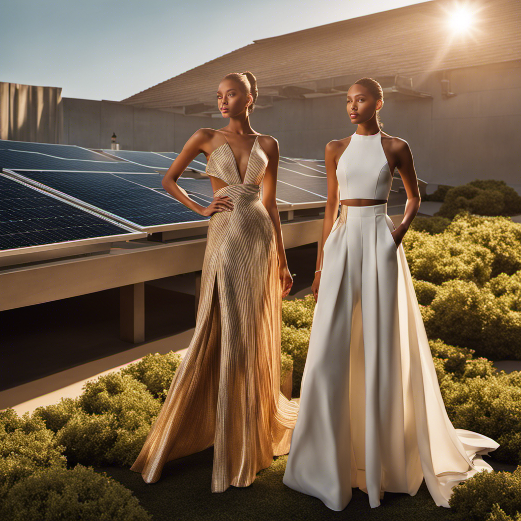An image showcasing a sunlit rooftop adorned with solar panels, casting a warm glow on a stylish runway
