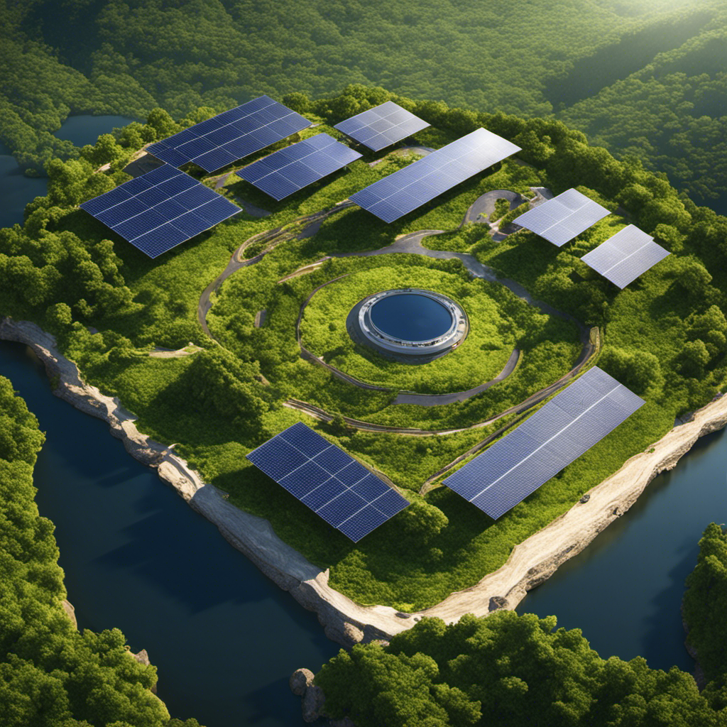 An image featuring a sunlit mining site nestled amidst lush greenery, showcasing solar panels seamlessly integrated with mining equipment